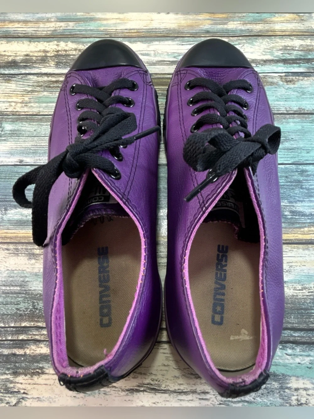 CONVERSE ALL STAR Low Top Casual Sneakers Size 11 Purple Leather Black Cap Toe